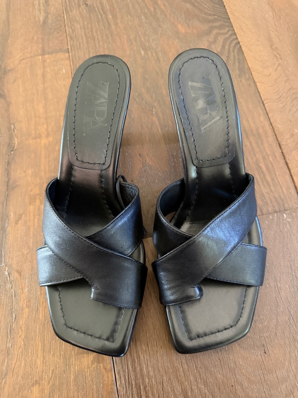 Zara Black Leather Crisscross Mule Heels